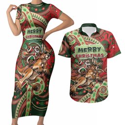 Aboriginal Christmas Couples Matching Short Sleeve Bodycon Dress and Hawaiian Shirt Santa Riding Leaping Kangaroo Dot Pattern