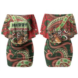 Aboriginal Christmas Couples Matching Off Shoulder Short Dress and Hawaiian Shirt Santa Riding Leaping Kangaroo Dot Pattern