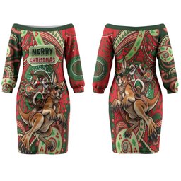 Aboriginal Christmas Couples Matching Off The Shoulder Long Sleeve Dress and Hawaiian Shirt Santa Riding Leaping Kangaroo Dot Pattern