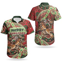 Aboriginal Christmas Couples Matching Short Sleeve Bodycon Dress and Hawaiian Shirt Santa Riding Leaping Kangaroo Dot Pattern