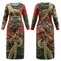 Aboriginal Christmas Couples Matching Long Sleeve Bodycon Dress and Hawaiian Shirt Santa Riding Leaping Kangaroo Dot Pattern