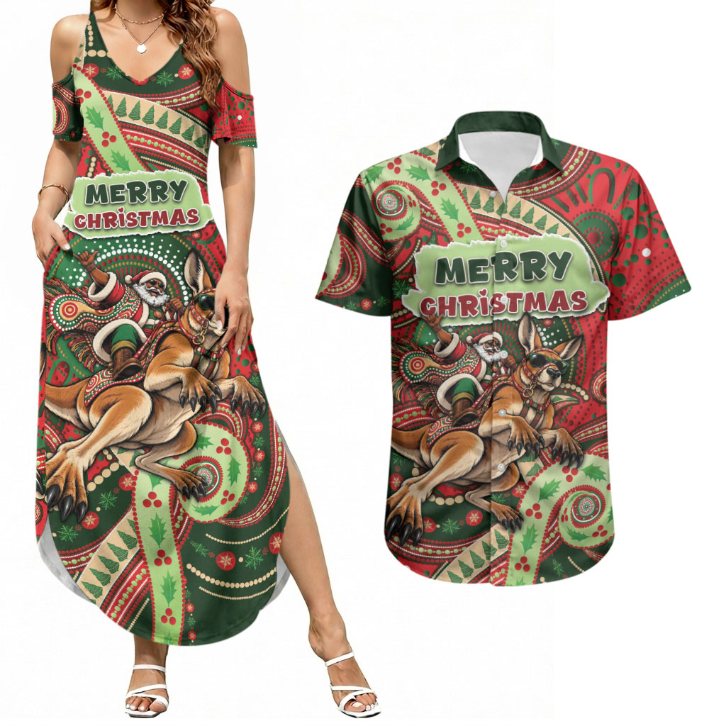 Aboriginal Christmas Couples Matching Summer Maxi Dress and Hawaiian Shirt Santa Riding Leaping Kangaroo Dot Pattern