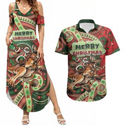 Aboriginal Christmas Couples Matching Summer Maxi Dress and Hawaiian Shirt Santa Riding Leaping Kangaroo Dot Pattern