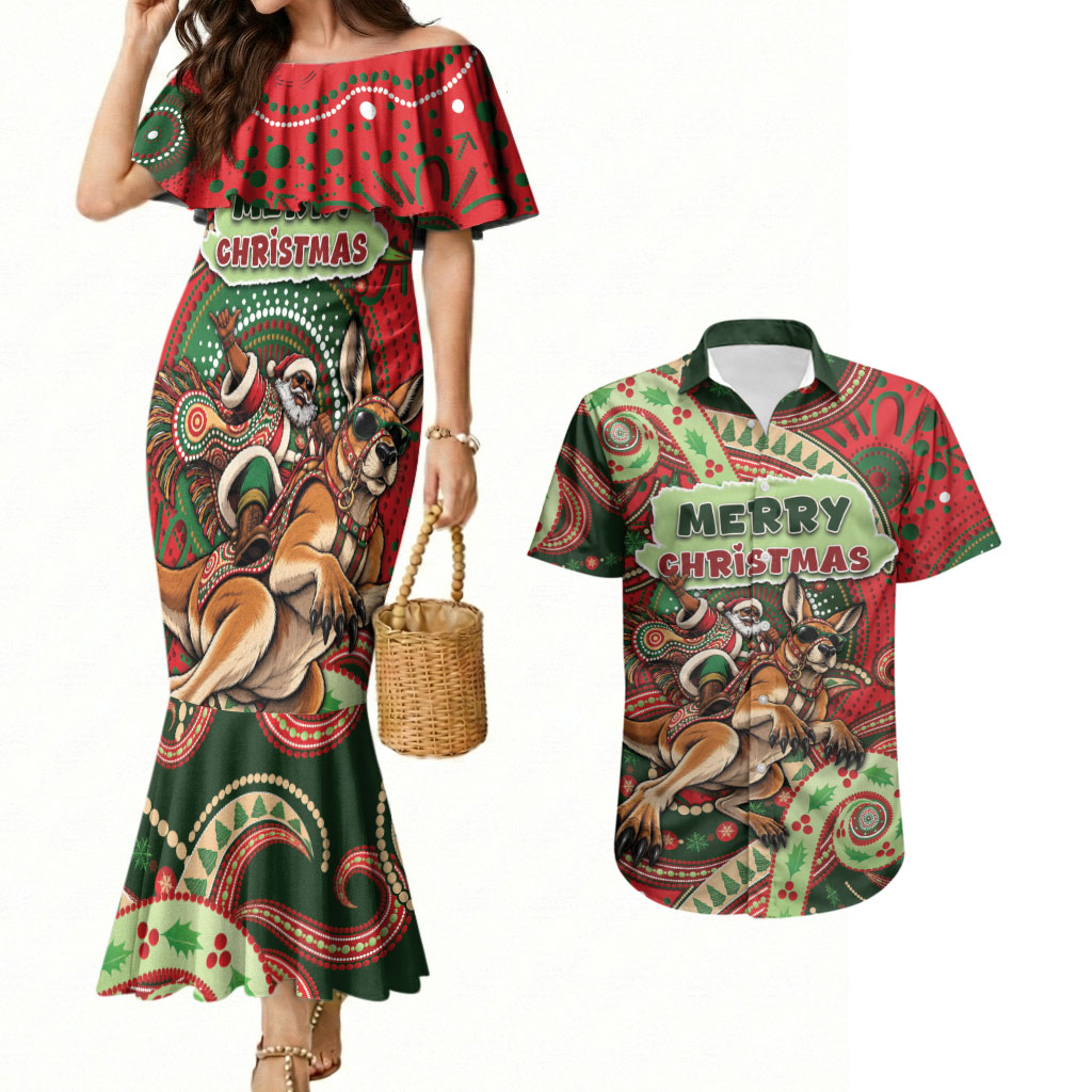 Aboriginal Christmas Couples Matching Mermaid Dress and Hawaiian Shirt Santa Riding Leaping Kangaroo Dot Pattern