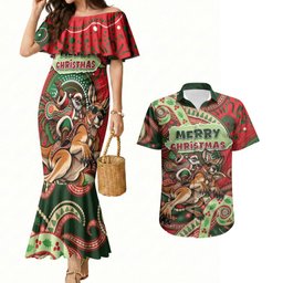 Aboriginal Christmas Couples Matching Mermaid Dress and Hawaiian Shirt Santa Riding Leaping Kangaroo Dot Pattern