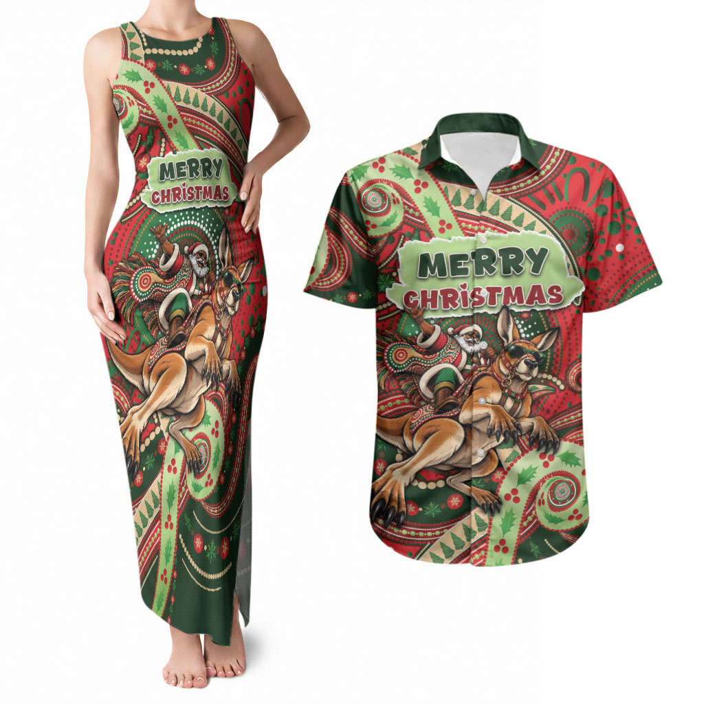 Aboriginal Christmas Couples Matching Tank Maxi Dress and Hawaiian Shirt Santa Riding Leaping Kangaroo Dot Pattern