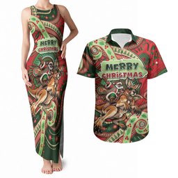 Aboriginal Christmas Couples Matching Tank Maxi Dress and Hawaiian Shirt Santa Riding Leaping Kangaroo Dot Pattern