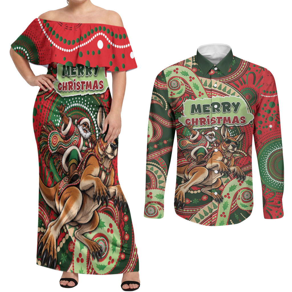 Aboriginal Christmas Couples Matching Off Shoulder Maxi Dress and Long Sleeve Button Shirt Santa Riding Leaping Kangaroo Dot Pattern