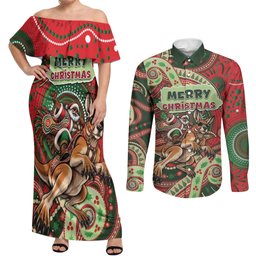 Aboriginal Christmas Couples Matching Off Shoulder Maxi Dress and Long Sleeve Button Shirt Santa Riding Leaping Kangaroo Dot Pattern