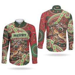 Aboriginal Christmas Couples Matching Off Shoulder Maxi Dress and Long Sleeve Button Shirt Santa Riding Leaping Kangaroo Dot Pattern