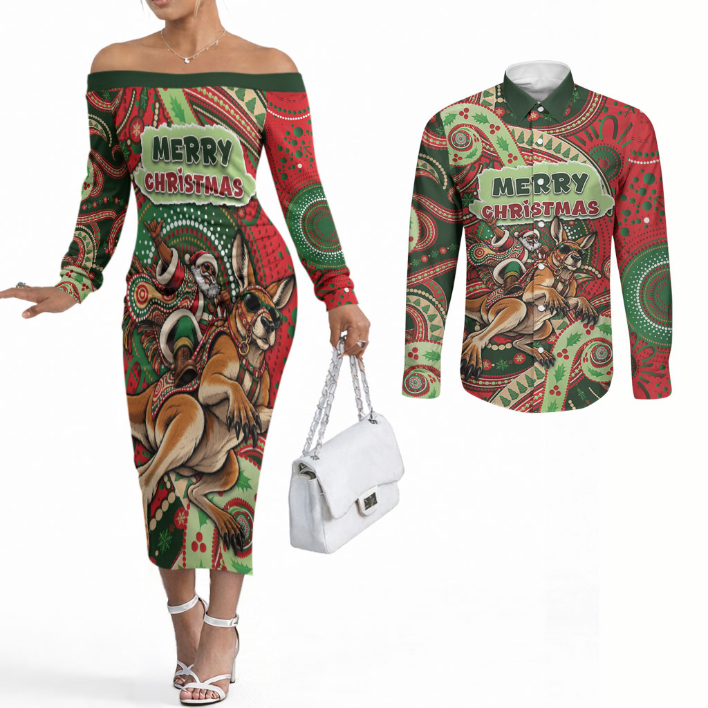 Aboriginal Christmas Couples Matching Off The Shoulder Long Sleeve Dress and Long Sleeve Button Shirt Santa Riding Leaping Kangaroo Dot Pattern