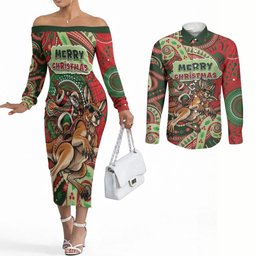 Aboriginal Christmas Couples Matching Off The Shoulder Long Sleeve Dress and Long Sleeve Button Shirt Santa Riding Leaping Kangaroo Dot Pattern