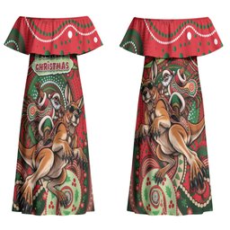 Aboriginal Christmas Couples Matching Off Shoulder Maxi Dress and Long Sleeve Button Shirt Santa Riding Leaping Kangaroo Dot Pattern