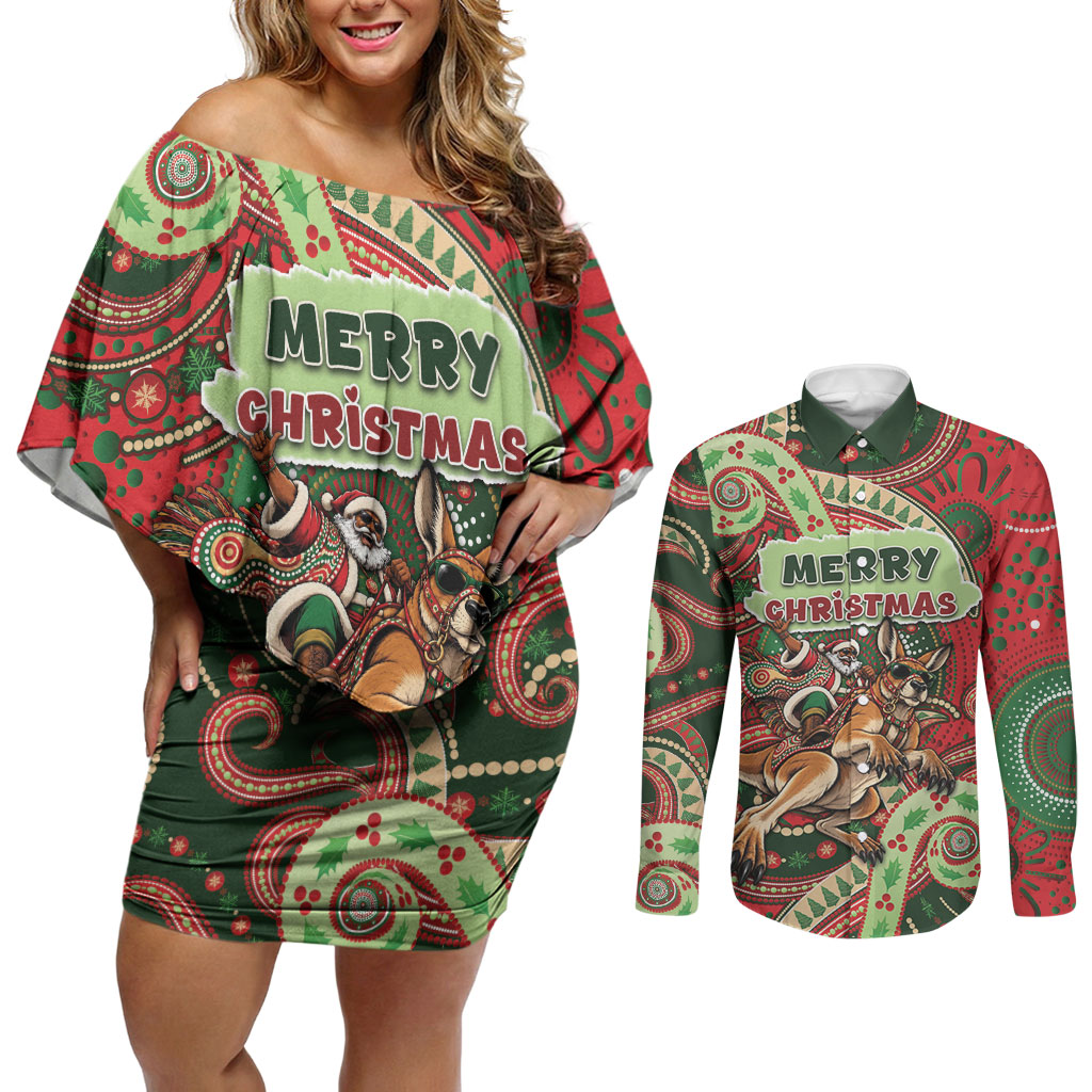 Aboriginal Christmas Couples Matching Off Shoulder Short Dress and Long Sleeve Button Shirt Santa Riding Leaping Kangaroo Dot Pattern