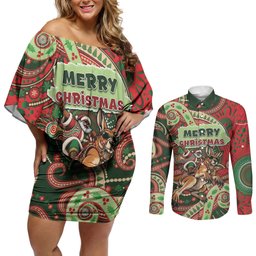 Aboriginal Christmas Couples Matching Off Shoulder Short Dress and Long Sleeve Button Shirt Santa Riding Leaping Kangaroo Dot Pattern