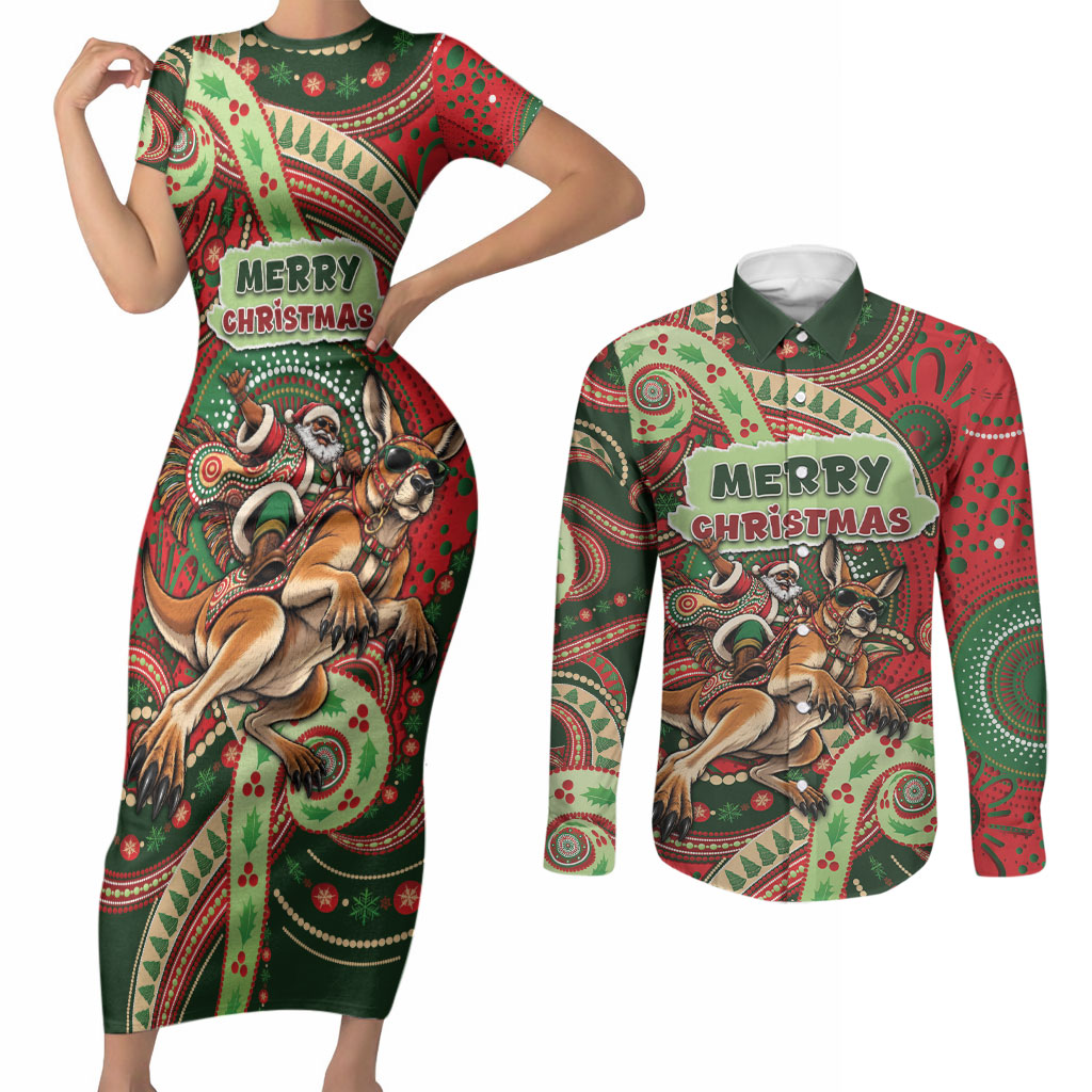 Aboriginal Christmas Couples Matching Short Sleeve Bodycon Dress and Long Sleeve Button Shirt Santa Riding Leaping Kangaroo Dot Pattern