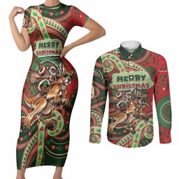Aboriginal Christmas Couples Matching Short Sleeve Bodycon Dress and Long Sleeve Button Shirt Santa Riding Leaping Kangaroo Dot Pattern