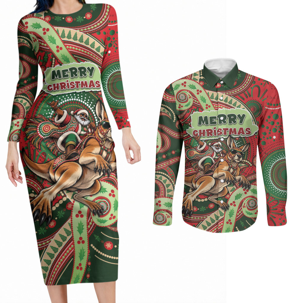 Aboriginal Christmas Couples Matching Long Sleeve Bodycon Dress and Long Sleeve Button Shirt Santa Riding Leaping Kangaroo Dot Pattern