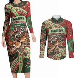 Aboriginal Christmas Couples Matching Long Sleeve Bodycon Dress and Long Sleeve Button Shirt Santa Riding Leaping Kangaroo Dot Pattern