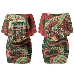 Aboriginal Christmas Couples Matching Off Shoulder Short Dress and Long Sleeve Button Shirt Santa Riding Leaping Kangaroo Dot Pattern