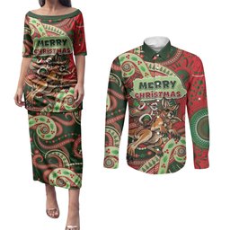Aboriginal Christmas Couples Matching Puletasi and Long Sleeve Button Shirt Santa Riding Leaping Kangaroo Dot Pattern