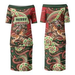 Aboriginal Christmas Couples Matching Puletasi and Long Sleeve Button Shirt Santa Riding Leaping Kangaroo Dot Pattern