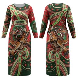 Aboriginal Christmas Couples Matching Long Sleeve Bodycon Dress and Long Sleeve Button Shirt Santa Riding Leaping Kangaroo Dot Pattern