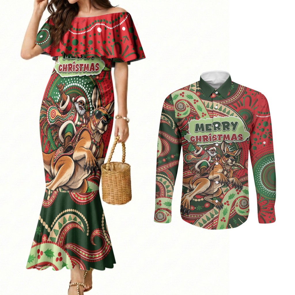 Aboriginal Christmas Couples Matching Mermaid Dress and Long Sleeve Button Shirt Santa Riding Leaping Kangaroo Dot Pattern