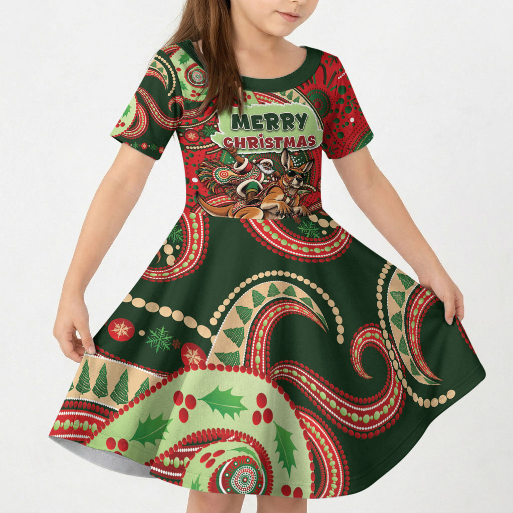 Aboriginal Christmas Kid Short Sleeve Dress Santa Riding Leaping Kangaroo Dot Pattern
