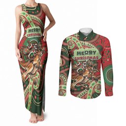 Aboriginal Christmas Couples Matching Tank Maxi Dress and Long Sleeve Button Shirt Santa Riding Leaping Kangaroo Dot Pattern