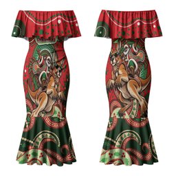 Aboriginal Christmas Couples Matching Mermaid Dress and Long Sleeve Button Shirt Santa Riding Leaping Kangaroo Dot Pattern