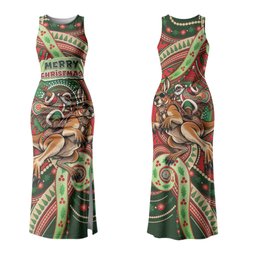 Aboriginal Christmas Couples Matching Tank Maxi Dress and Long Sleeve Button Shirt Santa Riding Leaping Kangaroo Dot Pattern