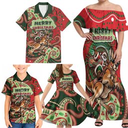 Aboriginal Christmas Family Matching Off Shoulder Maxi Dress and Hawaiian Shirt Santa Riding Leaping Kangaroo Dot Pattern