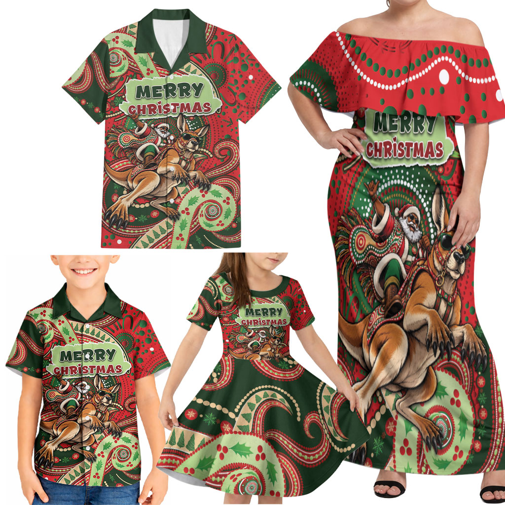Aboriginal Christmas Family Matching Off Shoulder Maxi Dress and Hawaiian Shirt Santa Riding Leaping Kangaroo Dot Pattern