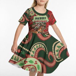 Aboriginal Christmas Kid Short Sleeve Dress Santa Riding Leaping Kangaroo Dot Pattern