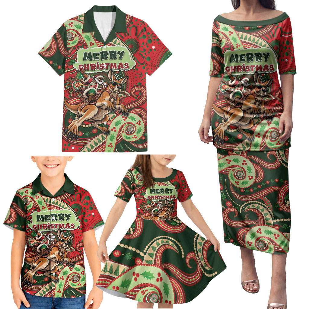 Aboriginal Christmas Family Matching Puletasi and Hawaiian Shirt Santa Riding Leaping Kangaroo Dot Pattern