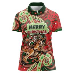 Aboriginal Christmas Women Polo Shirt Santa Riding Leaping Kangaroo Dot Pattern