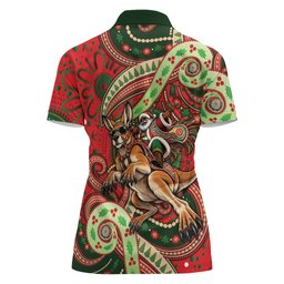 Aboriginal Christmas Women Polo Shirt Santa Riding Leaping Kangaroo Dot Pattern