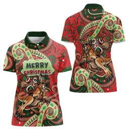 Aboriginal Christmas Women Polo Shirt Santa Riding Leaping Kangaroo Dot Pattern