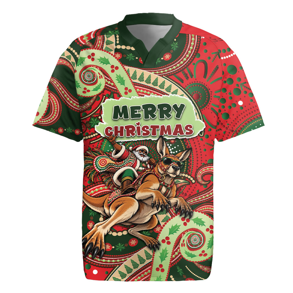 Aboriginal Christmas Rugby Jersey Santa Riding Leaping Kangaroo Dot Pattern