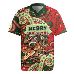 Aboriginal Christmas Rugby Jersey Santa Riding Leaping Kangaroo Dot Pattern