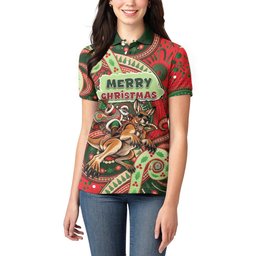 Aboriginal Christmas Women Polo Shirt Santa Riding Leaping Kangaroo Dot Pattern