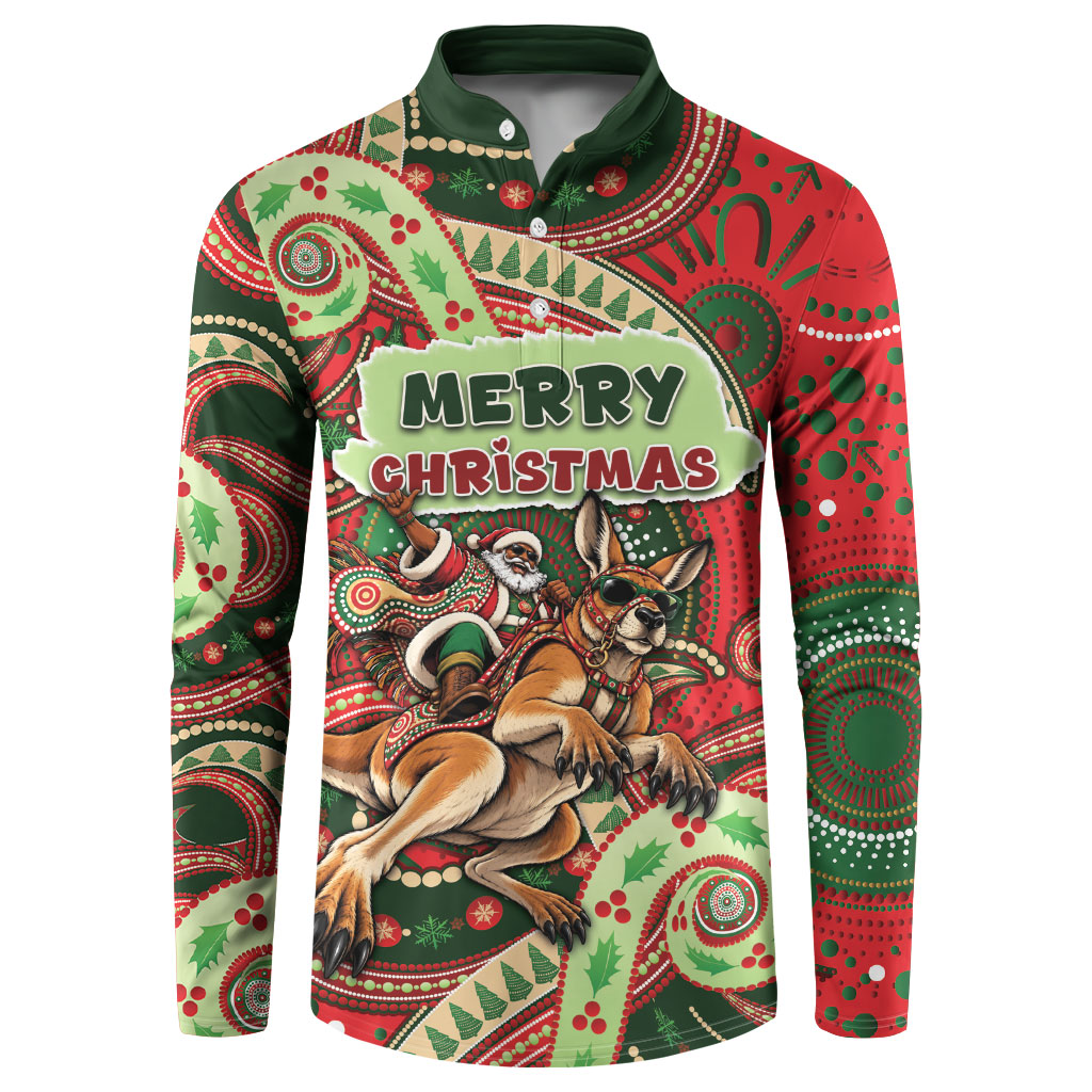 Aboriginal Christmas Button Sweatshirt Santa Riding Leaping Kangaroo Dot Pattern