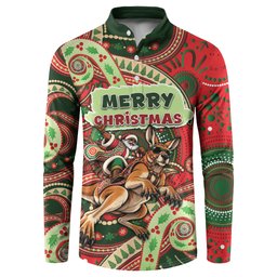 Aboriginal Christmas Button Sweatshirt Santa Riding Leaping Kangaroo Dot Pattern