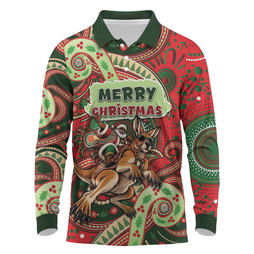 Aboriginal Christmas Long Sleeve Polo Shirt Santa Riding Leaping Kangaroo Dot Pattern