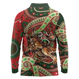 Aboriginal Christmas Long Sleeve Polo Shirt Santa Riding Leaping Kangaroo Dot Pattern