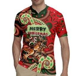 Aboriginal Christmas Rugby Jersey Santa Riding Leaping Kangaroo Dot Pattern