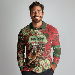 Aboriginal Christmas Long Sleeve Polo Shirt Santa Riding Leaping Kangaroo Dot Pattern