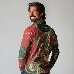Aboriginal Christmas Long Sleeve Polo Shirt Santa Riding Leaping Kangaroo Dot Pattern