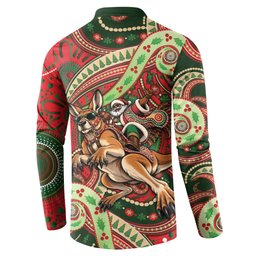 Aboriginal Christmas Button Sweatshirt Santa Riding Leaping Kangaroo Dot Pattern